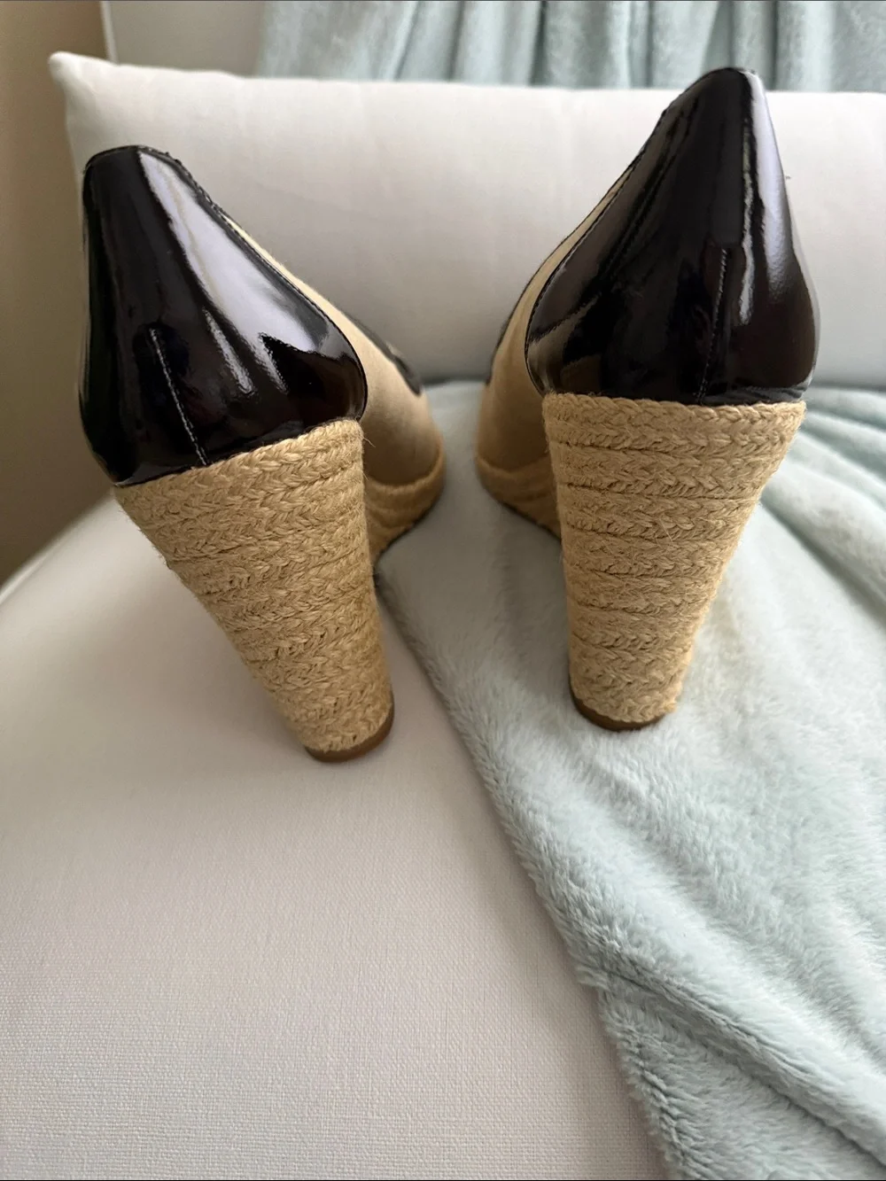 Enzo Angiolini Beige and Black Espadrille Wedge Peep-Toe Pumps